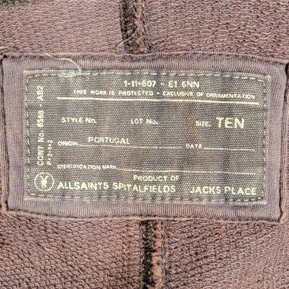 Men’s Sz 10 All Saints Spitafields Brown Cotton Distressed Festival Hooded Vest - Picture 2 of 14